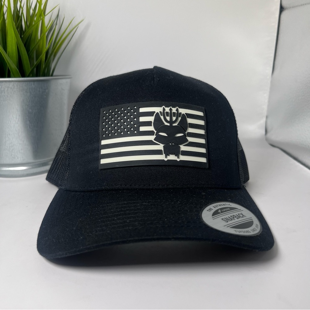 Yupoong Snapback Mesh Trucker Hat Flag Design & Navy Seal Logo Black & White